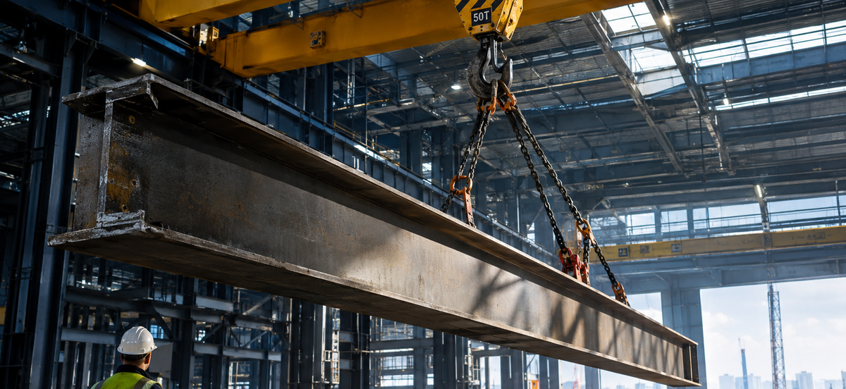A large steel I-beam suspended by a yellow crane inside a steel mill or industrial facility, with workers and other construction equipment visible in the background.